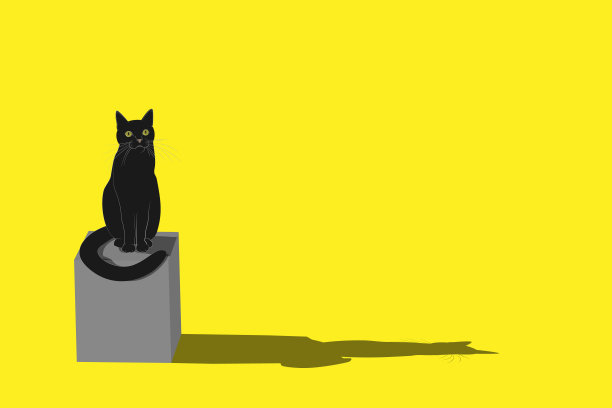 一只黑猫坐在黄色背景下的灰色立方体上。锋利的阴影。这幅画采用了印象派风格的流行色。矢量插图与文字空间，卡通风格。图片下载