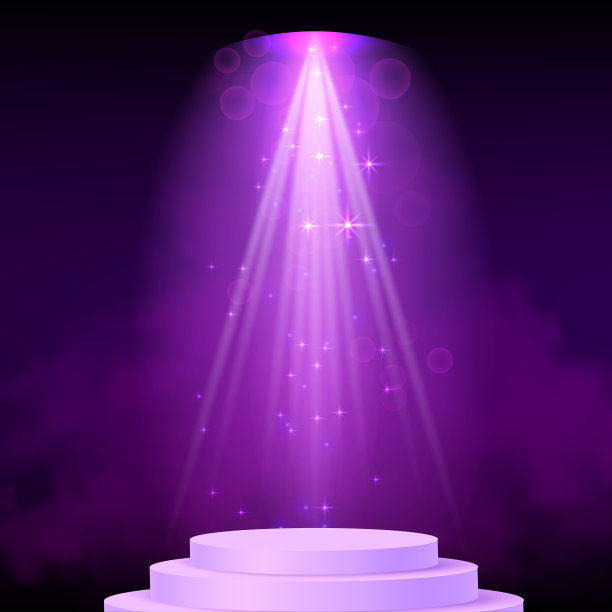 紫色的聚光灯下。明亮的灯光与聚光灯的舞台与紫色的尘埃和圆筒讲台图片下载