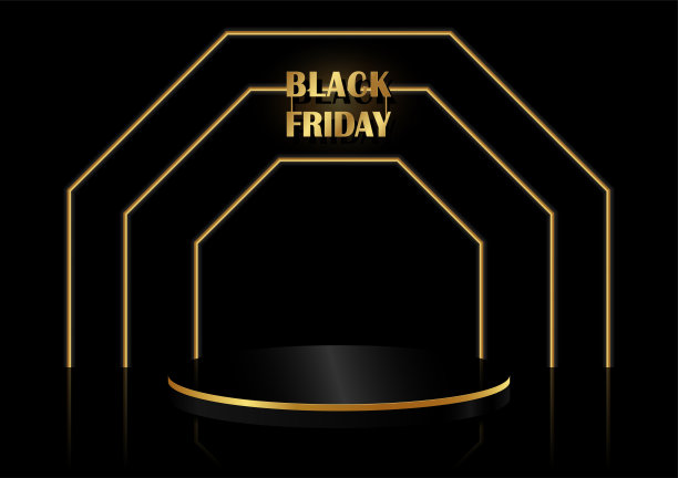 舞台领奖台装饰用金色的多边形杆子。基座场景设计豪华，用于产品，广告，展示，颁奖黑色背景。“黑色星期五”的概念。溢价。矢量插图。图片下载