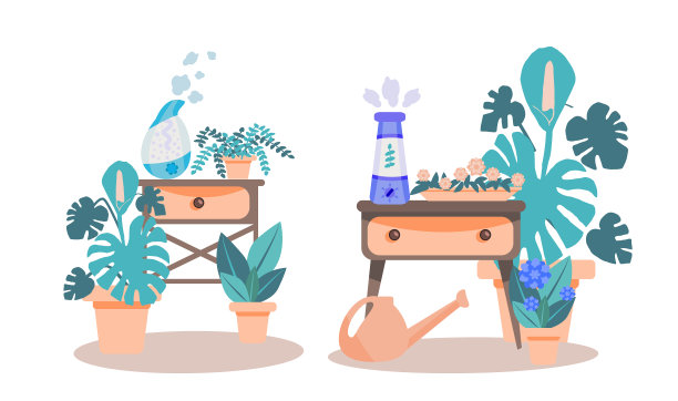 一套矢量插图的房间与加湿器在一个扁平的风格。床头柜上放着一堆加湿器，周围是室内植物。房子里健康气候的概念。图片下载