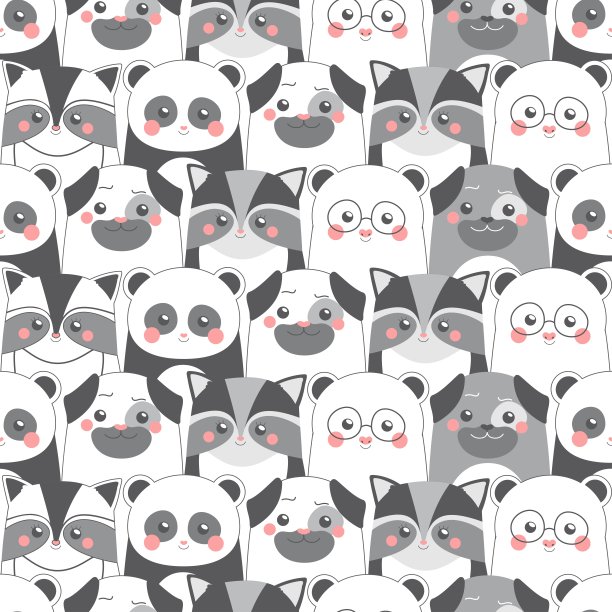 野生动物包括猪、狗、浣熊、熊猫、熊等无缝图案笑脸正面与快乐感完美的儿童插画图片下载