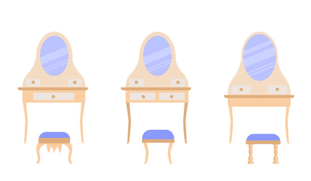 一套可爱的复古梳妆台和优雅的凳子。收藏古董卧室家具。平面风格的矢量图标被孤立在白色背景上。图片下载