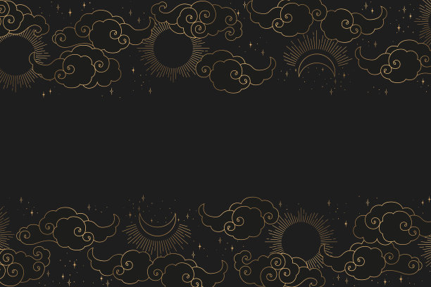 复古矢量插图与金色抽象太阳，月亮，星星和云图案孤立在黑色背景。神秘插图的卡片，墙纸，印刷，织物，小册子图片下载