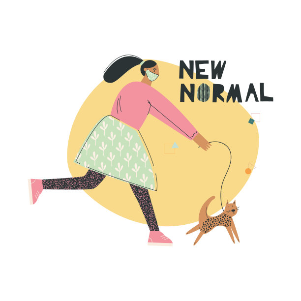 新常态概念年轻的非洲裔美国妇女带着宠物在公共场所戴口罩。生活方式与医疗面膜。平面矢量卡通插图与字母孤立的白色背景图片下载