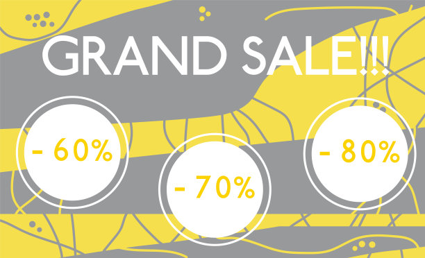 大销售设置，60,70,80折扣圈上的黄色和灰色背景。向量时尚设计的商店，贴纸，传单，横幅等图片下载