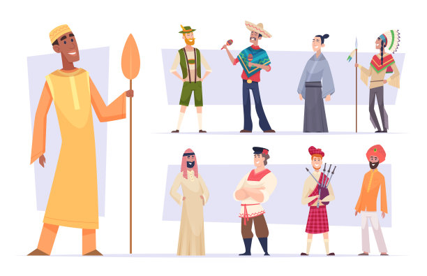 民族。滑稽的人在不同的民族服装准确矢量插图图片下载