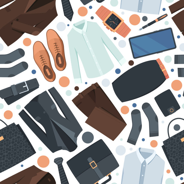 衣服的模式。面料设计以不同的职业装为男女角色，裤子、西装、衬衫、鞋子、裙子等花哨的矢量无缝背景图片下载