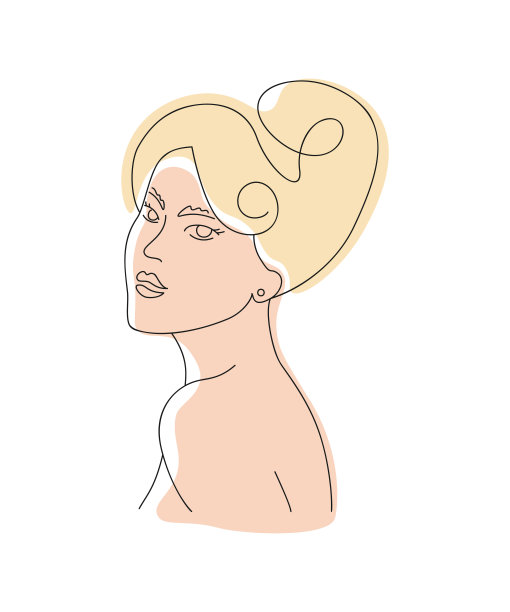 艺术线条的女人。抽象的女性。恤设计。一行。女人肖像。金发碧眼的女孩。向量时装插图。图片下载