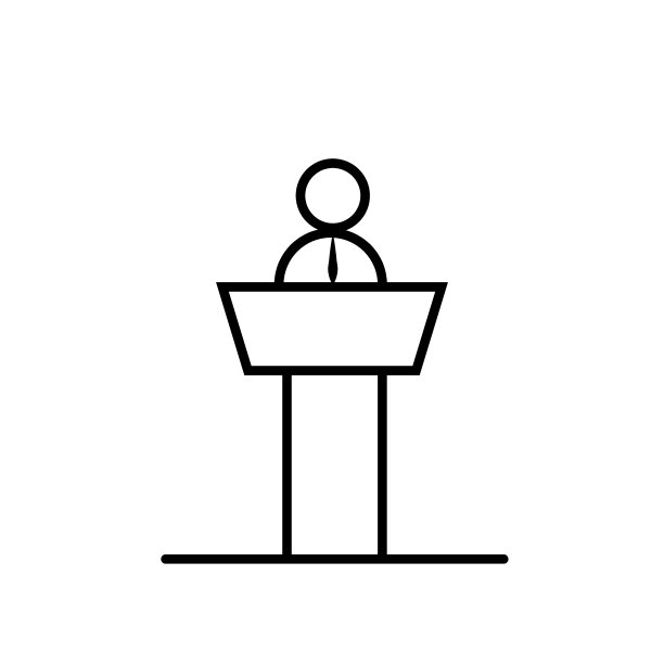 发言者或会议细线图标黑色。在讲坛后面做演讲的人。商务教练背后的领奖台标志。扁平孤立的符号，用于:logo，移动，应用程序，web, ui, ux。向量EPS 10图片下载