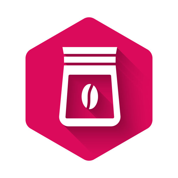 白色袋子的咖啡豆图标孤立与长阴影背景。粉红色的六角按钮。向量图片下载