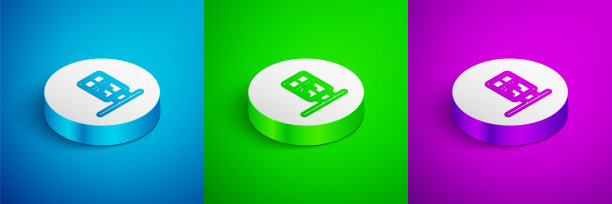 公共交通板图标孤立在蓝色，绿色和紫色的背景。机械的记分牌。火车上的告示牌上有航班信息。白色的圆按钮。向量图片下载