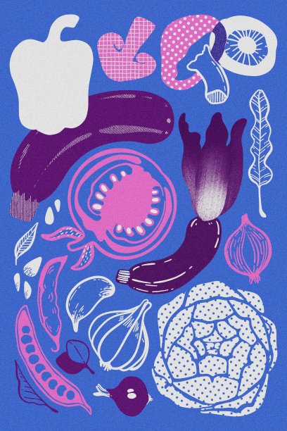 抽象手绘海报风格化80 - 90年代。五颜六色的蔬菜。有机食品。可用于海报、卡片、横幅、印刷品、纺织品。图片下载