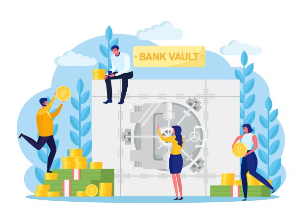 银行金库，有银行家，雇员，储户。带锁系统的安全室门。资金安全。银行存储隔离在白色背景。保管箱、货币的保护。矢量平面设计图片下载
