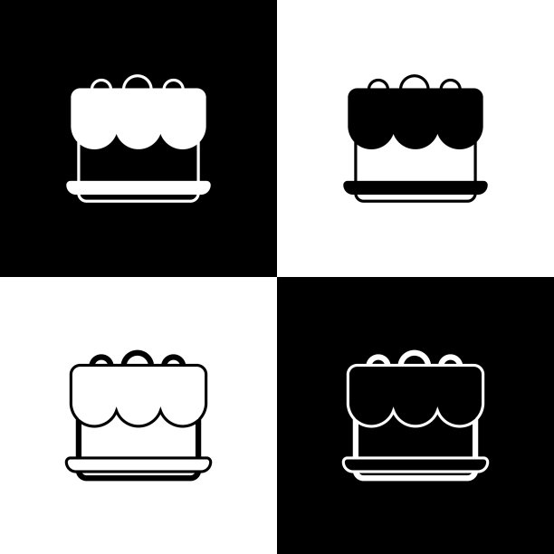 设置蛋糕图标孤立的黑色和白色背景。生日快乐。向量图片下载