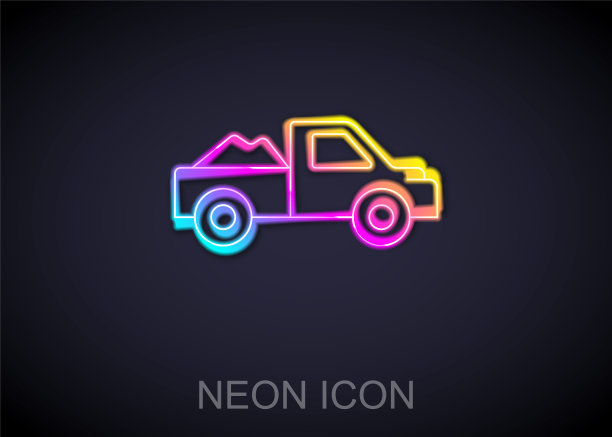 发光的霓虹灯线皮卡卡车图标孤立在黑色背景。向量图片下载