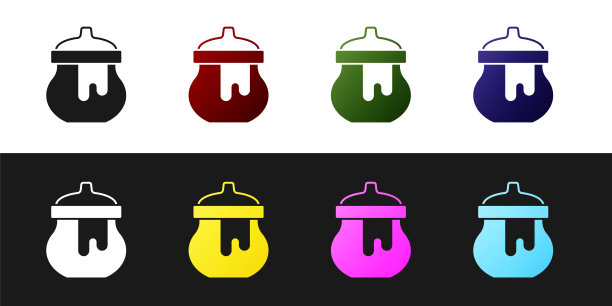 设置Jar的蜂蜜图标隔离在黑色和白色的背景。食物银行。甜天然食品的象征。向量图片下载