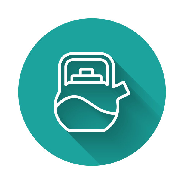 白色线水壶与手柄图标孤立与长阴影背景。茶壶图标。绿色圆圈按钮。向量图片下载