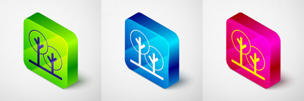 等距树图标孤立在灰色背景。森林的象征。方形按钮。向量图片下载