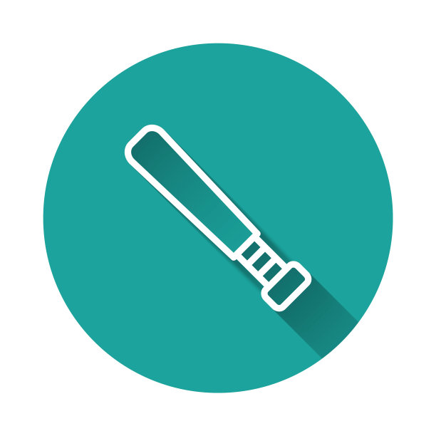 白色线条棒球棒图标，长阴影背景，绿色圆形按钮。矢量图图片下载