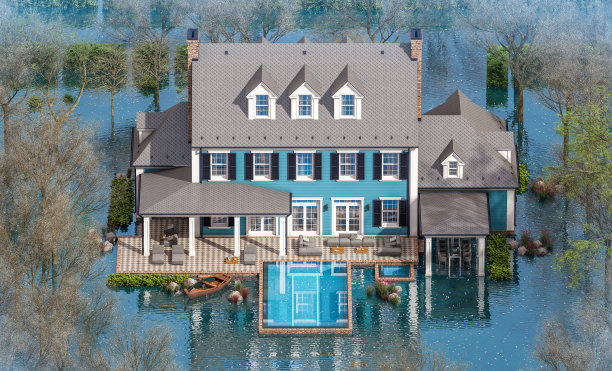 3d渲染的古典房屋殖民风格的春天洪水图片下载