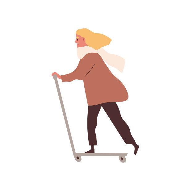 年轻快乐的女人推和骑踢踏板车图片下载