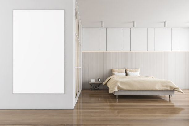 模型框架床和亚麻在木质卧室和衣柜图片下载