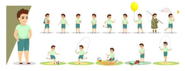 小男孩摆出各种姿势表情。男性儿童表现出不同的情绪定形。可爱的孩子角色扮演和欢乐，悲伤和愤怒，站着和坐着。向量孤立的插图图片下载