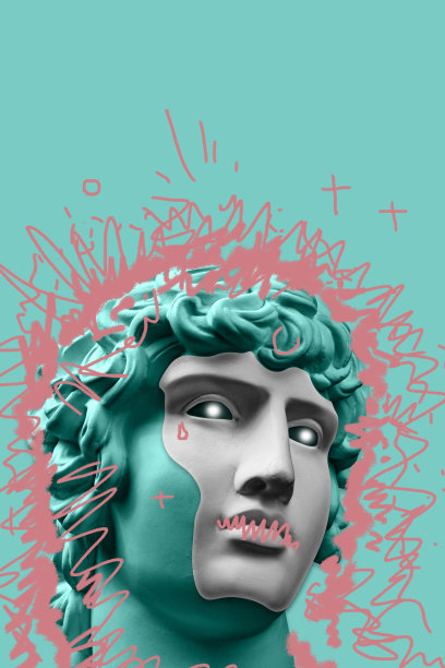 用石膏拼贴的仿古人脸雕塑，具有波普艺术风格。现代创意概念形象与古代雕塑头像。电子杂志的文化。当代艺术海报。时髦的极简主义。复古设计。图片下载