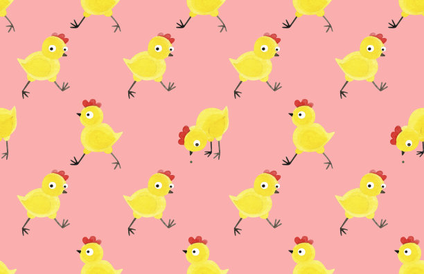 无缝图案有趣的黄色鸡。手绘水彩纹理与可爱的小鸟在粉红色的背景。完美的纺织品，印刷，包装，壁纸，剪贴簿和儿童设计。图片下载