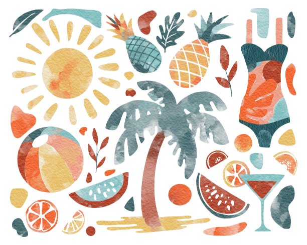 手绘夏季海滩集。太阳，球，菠萝，鸡尾酒，西瓜，水果，泳衣，抽象的形状。水彩插图在白色孤立的背景。时尚的颜色。图片下载