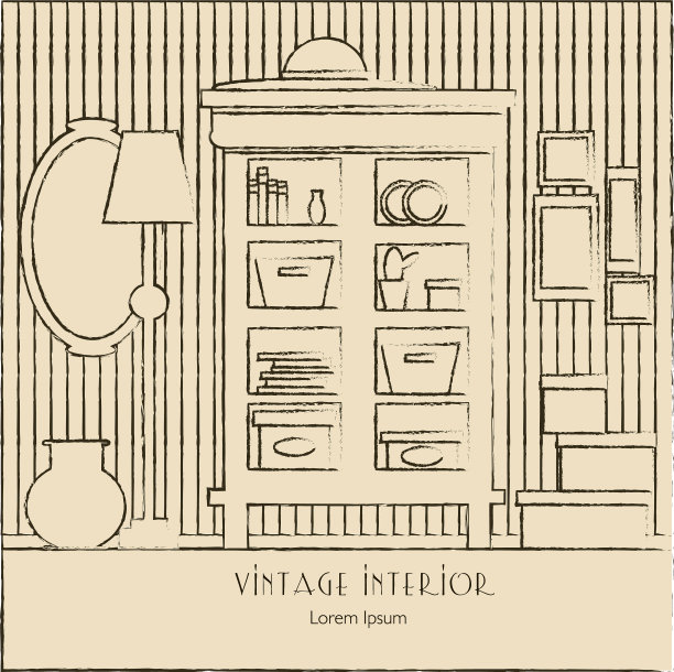 房间内有橱柜、镜子、灯、花瓶等图片下载