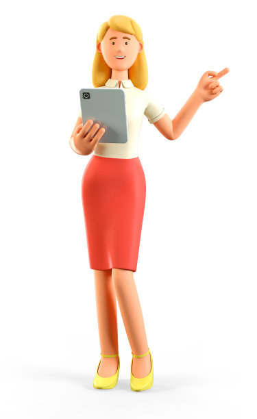 站着美丽的金发女人手持平板电脑和指向方向的3D插图。卡通微笑迷人的商业女性使用社交网络和办公室应用程序。图片下载