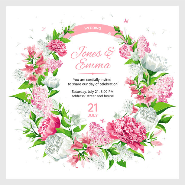 带有文字和鲜花的婚礼邀请框图片下载