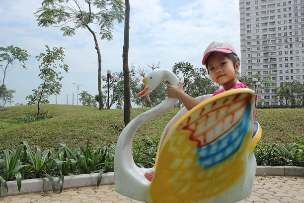 公园里有一个可爱的女孩坐在天鹅身上图片下载