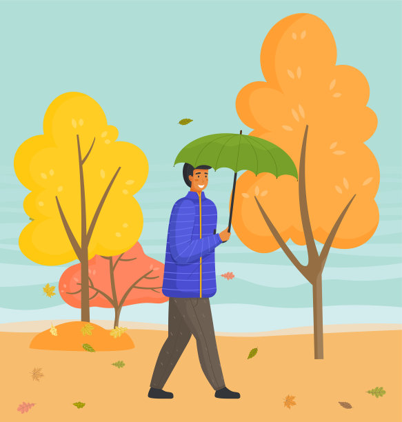 一个年轻人走在秋雨连绵的自然城市公园里图片下载