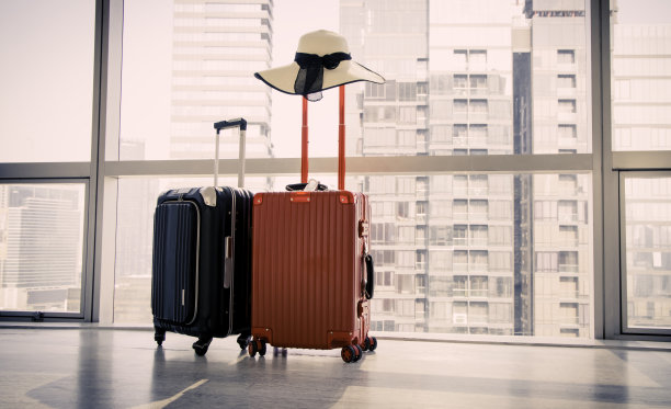 两个行李箱以商务旅行为帽，以度假城市形象建筑为背景，以夏日旅游为概念图片下载