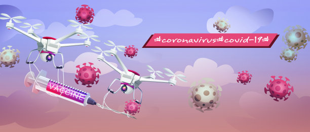 冠状病毒和疫苗与无人机在空中对抗天空与云图片下载