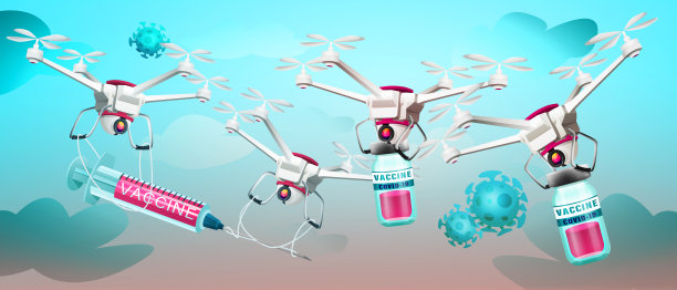 冠状病毒和疫苗与无人机在空中对抗天空与云图片下载
