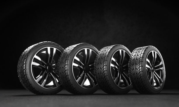黑色背景的柏油路面上有四个汽车轮子。3 d渲染插图。图片下载