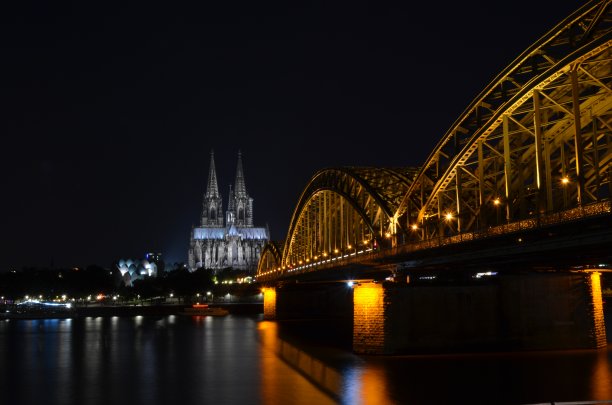 日落时分的科隆大教堂和霍亨索伦大桥图片下载