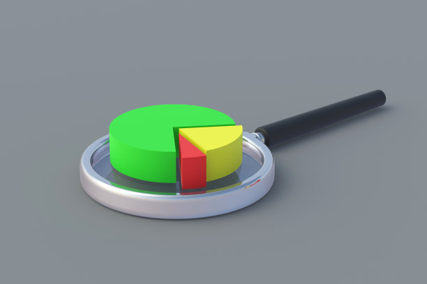 饼图在放大镜上。市场分析的概念。业务分析。利润增长和下降报告。会计。统计指标。预算的研究。寻找一个经济问题。三维渲染图片下载