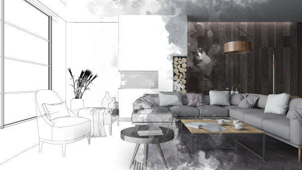 半绘图素描现代客厅室内图片下载