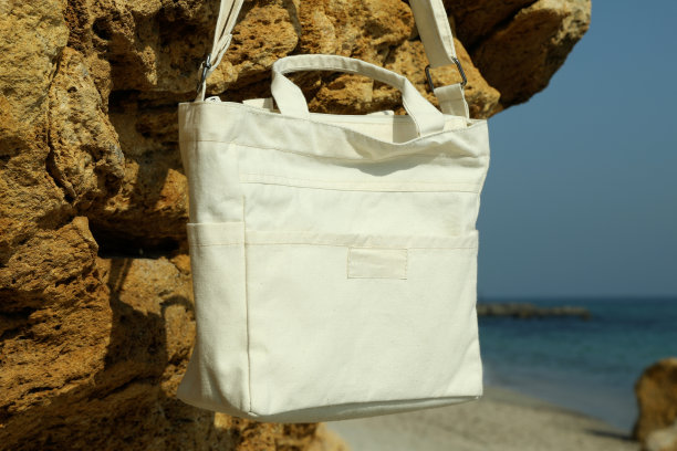 时髦的环保袋挂在海边的大石头上图片下载