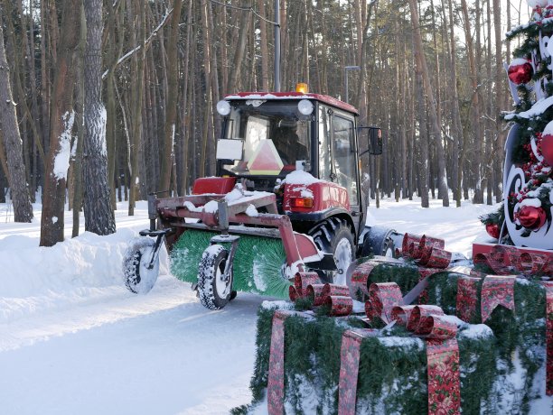 机械化清理郊野公园人行道上的积雪。用刷子清洁道路的拖拉机。国家公园里的圣诞树装饰得很有新年的风格。图片下载