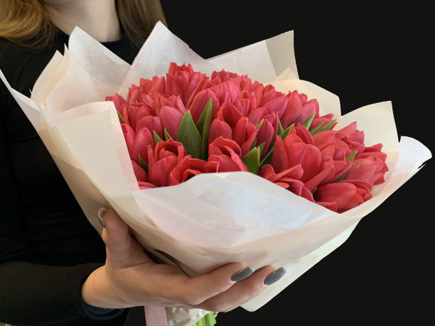 一个女孩手里捧着一束鲜花。一个女人手里拿着红色的郁金香。春花的构图，以黑色为背景图片下载