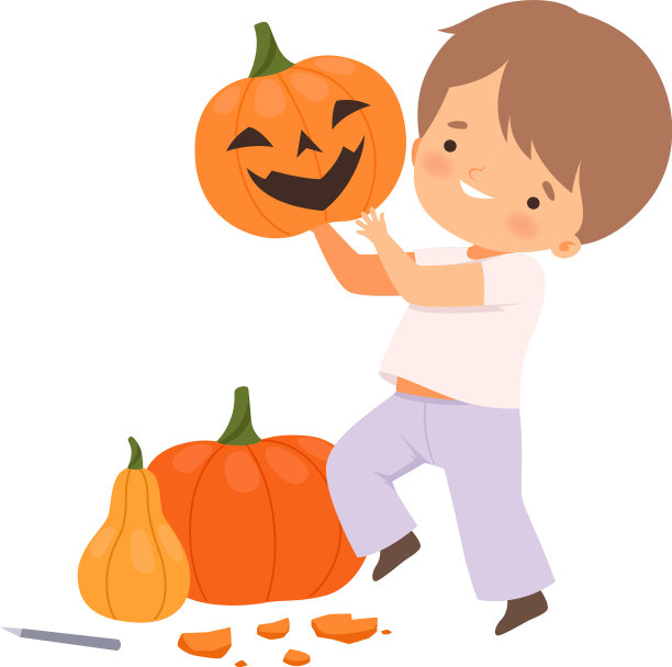 快乐的男孩展示手工制作的南瓜图片下载