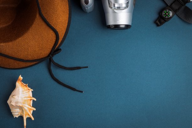 牛仔帽，照相机，指南针和贝壳在蓝色的背景。图片下载