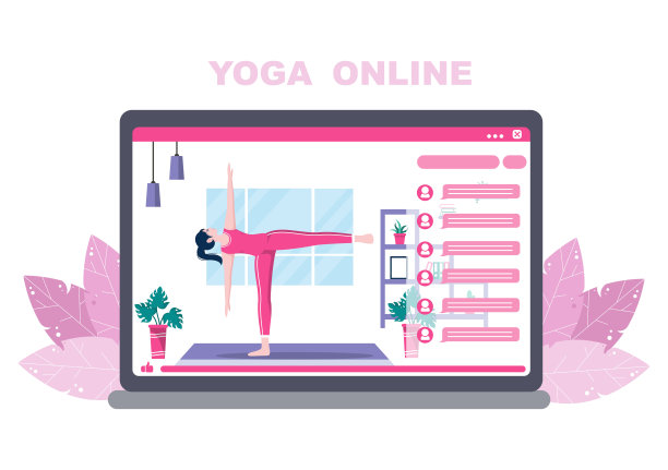 在线课程，瑜伽和冥想课程通过观看视频，直播，互联网教育在您的笔记本电脑或手机在家里。矢量图图片下载