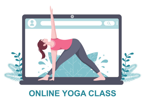 在线课程，瑜伽和冥想课程通过观看视频，直播，互联网教育在您的笔记本电脑或手机在家里。矢量图图片下载