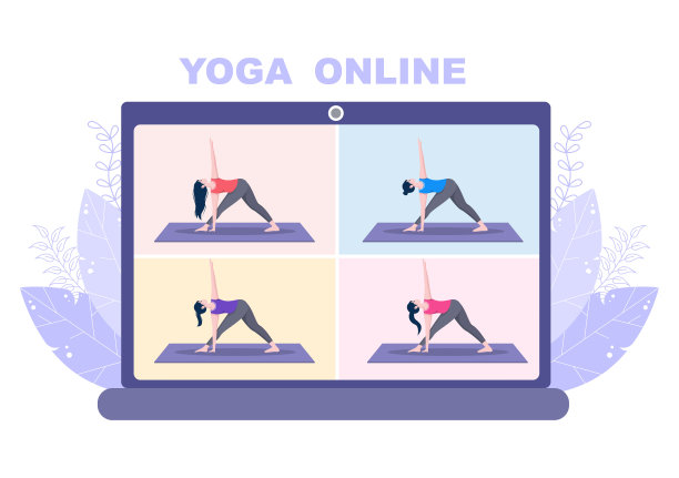 在线课程，瑜伽和冥想课程通过观看视频，直播，互联网教育在您的笔记本电脑或手机在家里。矢量图图片下载